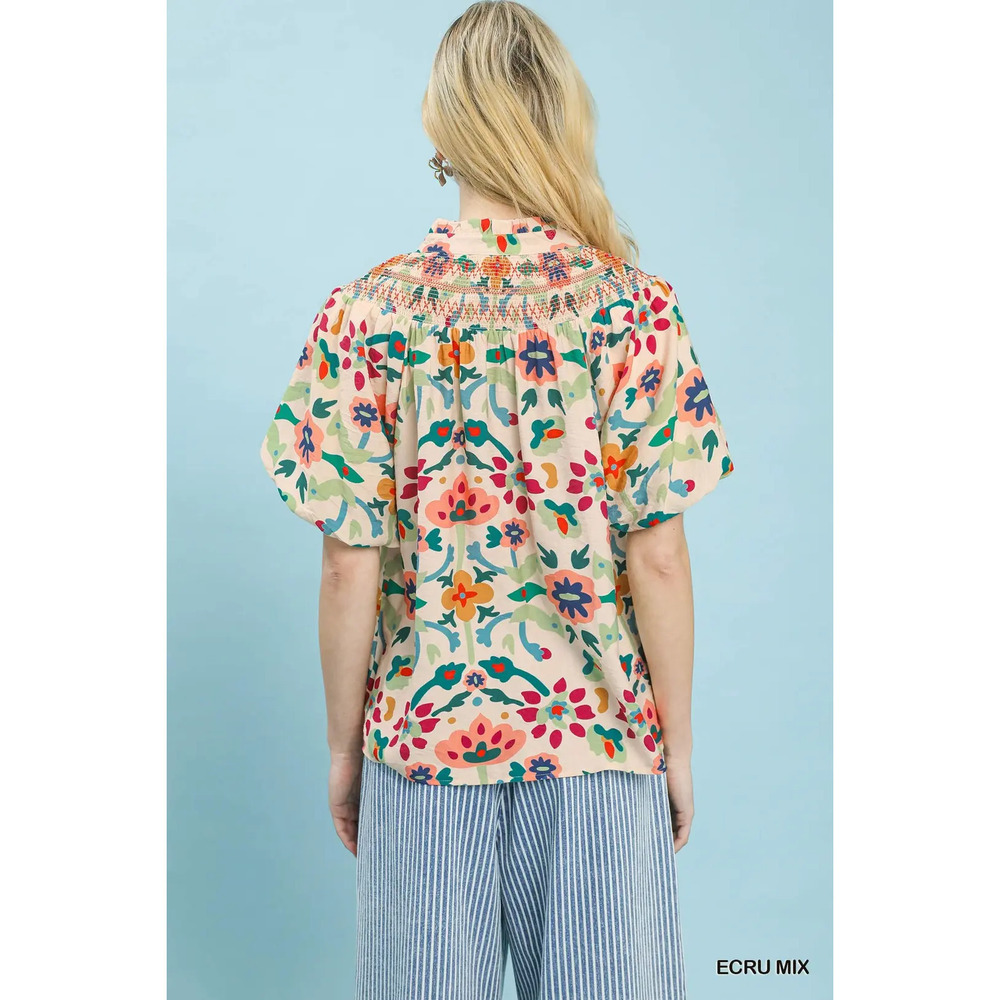 Umgee Folk Art Print Top with Smocked Detail - Picture 3 of 5